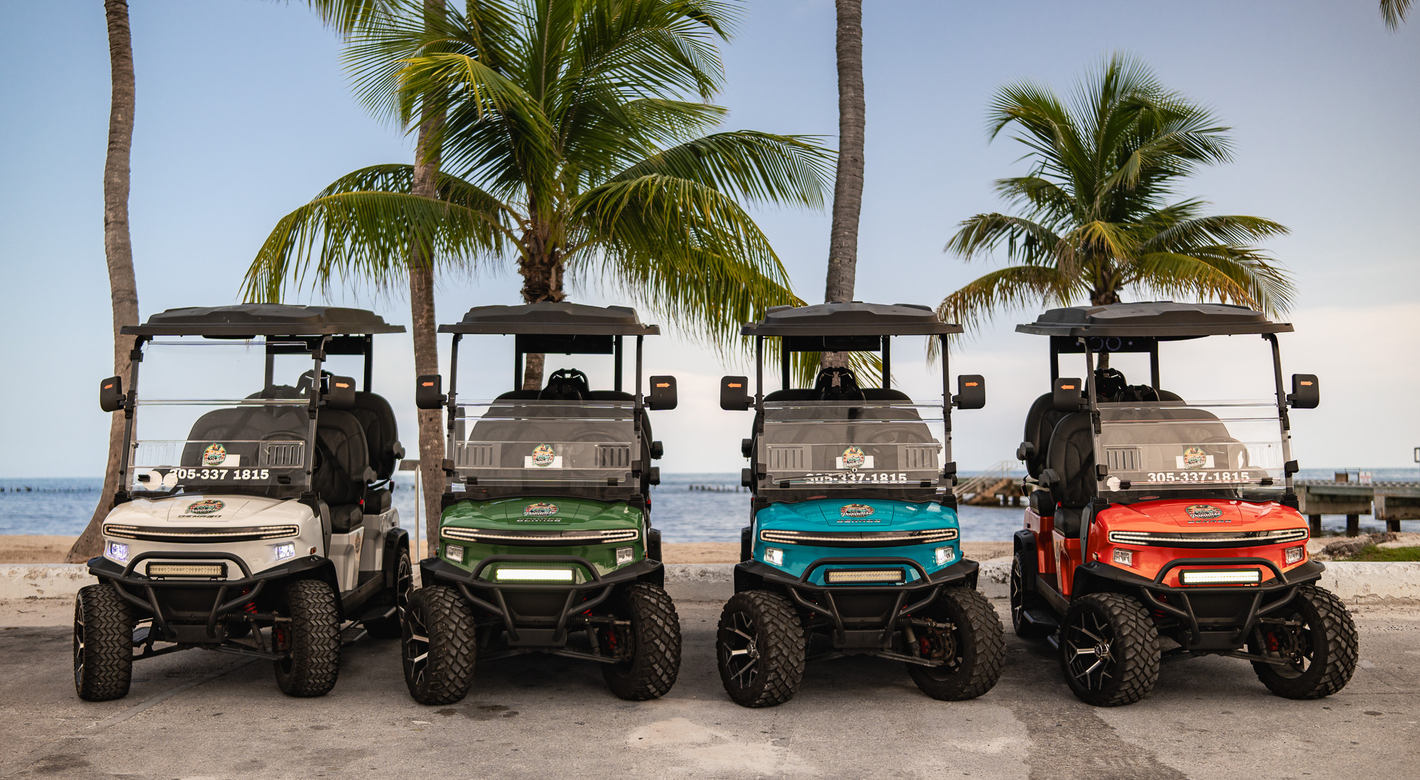 Group of Paradise Rentals golf carts parked by the beach