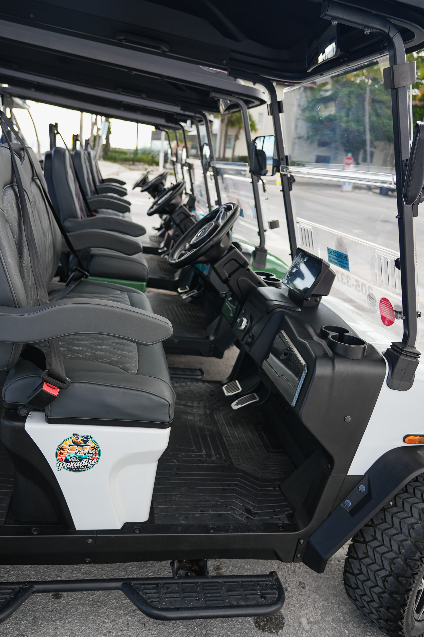 Spacious interior of the 6-passenger golf cart